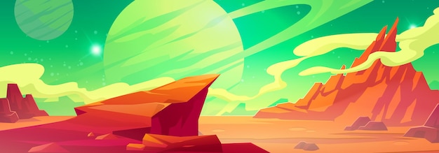 Mars landscape, alien planet background, red desert surface with mountains, saturn and stars shine on green sky. martian extraterrestrial computer game scenery backdrop, cartoon vector illustration