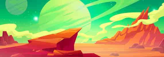 免费矢量火星景观,外行星背景,红色沙漠表面与山脉,土星和繁星闪烁,在绿色的天空。火星外星电脑游戏风景背景下,卡通矢量插图