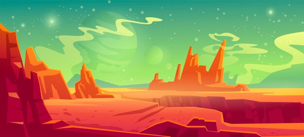 Mars landscape, red alien planet background, desert surface with mountains, rocks, deep cleft and stars shine on green sky. Martian extraterrestrial computer game backdrop, cartoon illustration