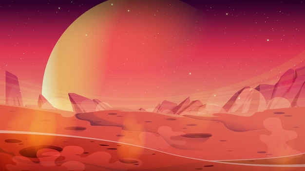분화구와 붉은 암석 표면이 있는 화성 풍경