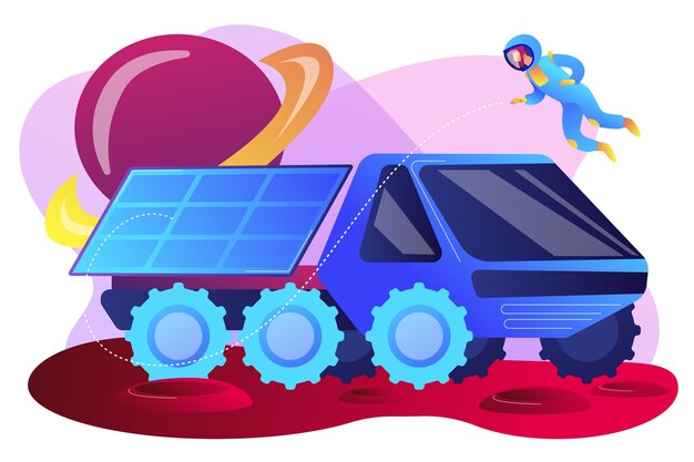 Mars rover examining territory and doing scientific research and astronaut. Mars rover, new planet exploration, revolution technology concept. Bright vibrant violet  isolated illustration