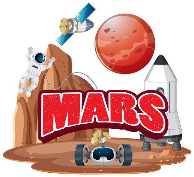 Free vector mars word logo design with astronaut and spaceship