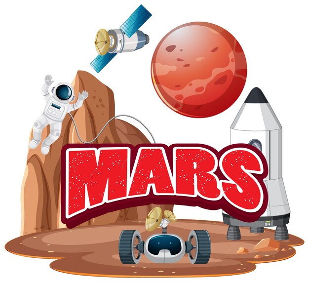 우주 비행사와 우주선이 있는 화성 단어 로고 디자인
