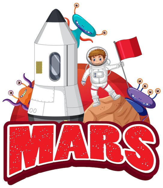 Design del logo con la parola marte con astronave e astronauta