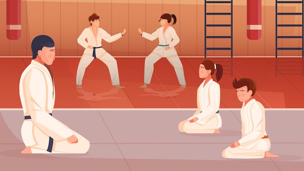 Free vector martial arts classroom with trainer and kids doing exercises