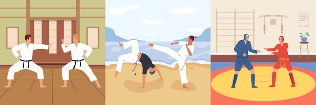 Free vector martial arts flat composition set with fighter scenes isolated vector illustration