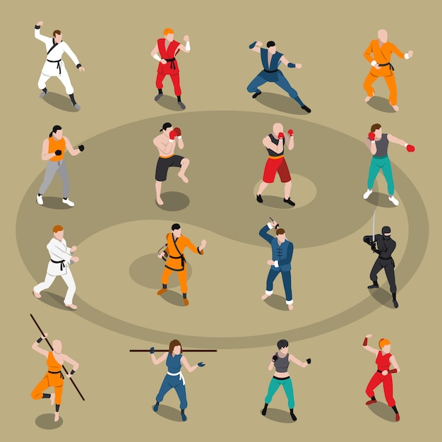 Martial arts isometric people set