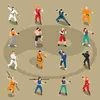 Free vector martial arts isometric people set