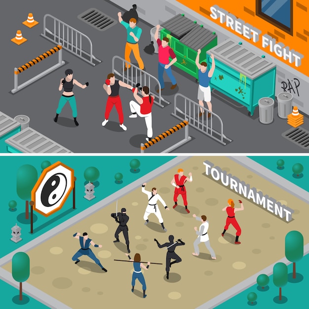 Free vector martial arts people isometric banners