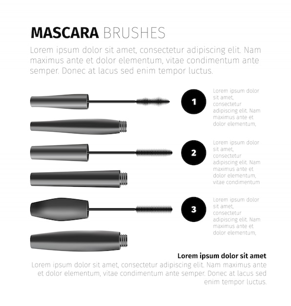 Vettore gratuito mascara moda infografica con oggetti cosmetici realistici e modello di testo