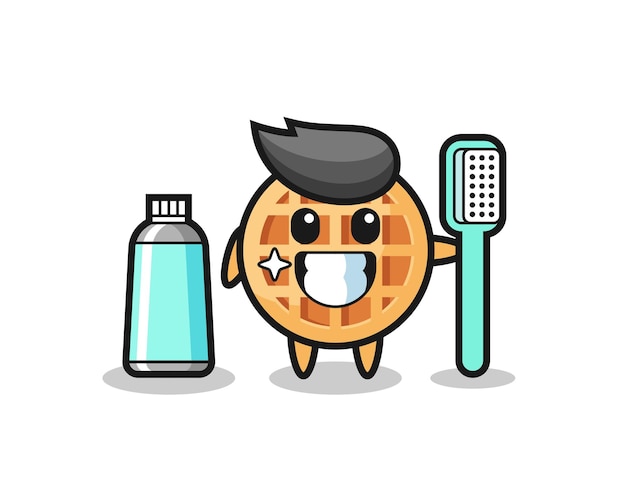 Mascot illustration of circle waffle with a toothbrush , cute design