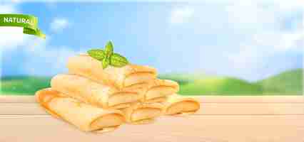 Free vector maslenitsa realistic composition with stack of wrapped pancakes at rustic landscape background vector illustration