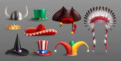 Vettore gratuito cappelli da travestimento messi su trasparenti con elementi tradizionali nazionali e festivi isolati