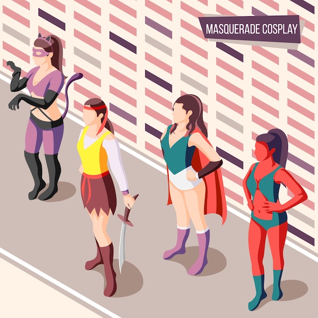 Masquerade isometric with women wearing creative costumes 3d illustration