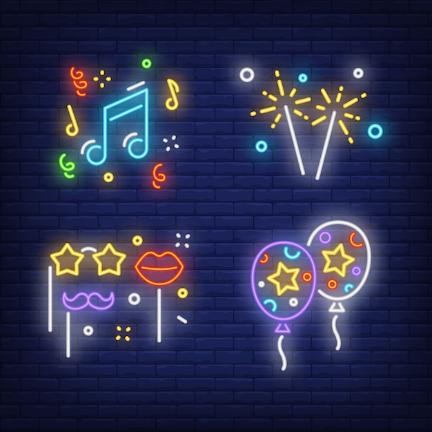 Free vector masquerade party neon sign set. moustache on stick