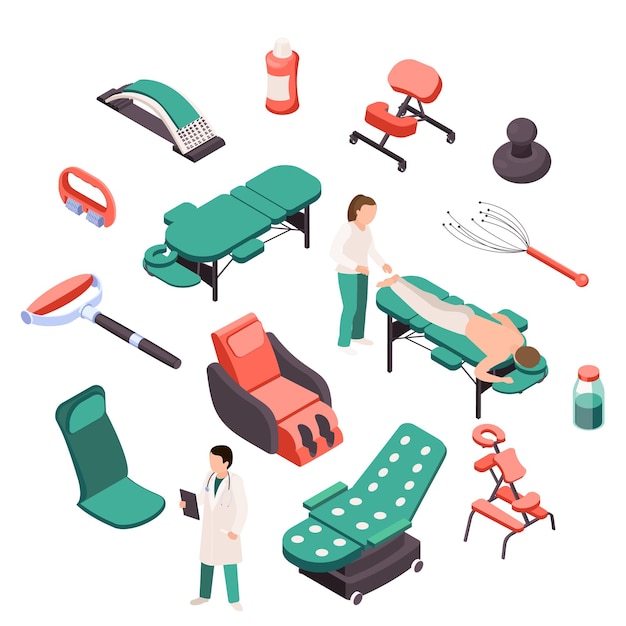 Massage therapy isometric recolor set with isolated images of wellness chairs couches equipment items and people vector illustration