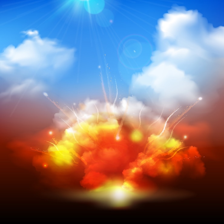 Free Vector massive yellow orange explosion bursting into blue cloudy sky with radiating sun rays