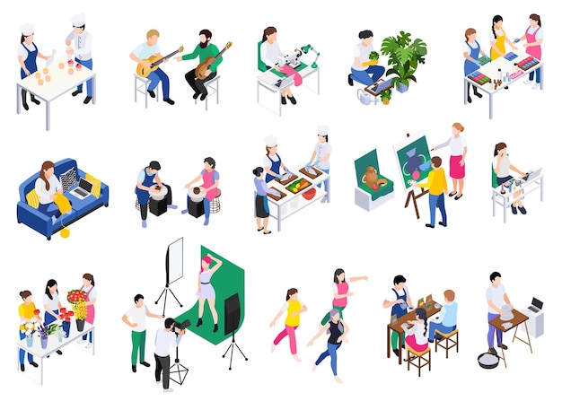 Free vector master class workshop group learning practice isometric set of isolated icons with human characters of artists vector illustration