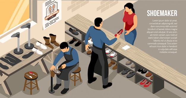 Master during customer communication at shoe work shop isometric horizontal