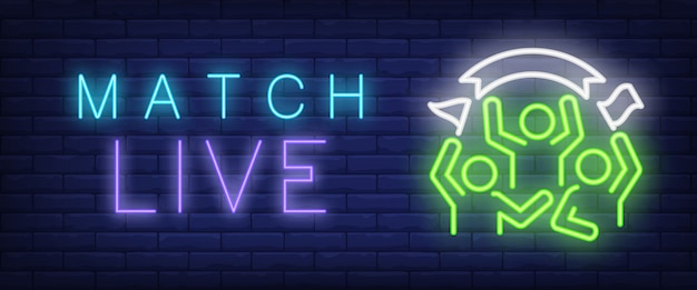 Free vector match live neon text with sport fans