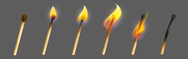 Match stick with fire in different stage of burn