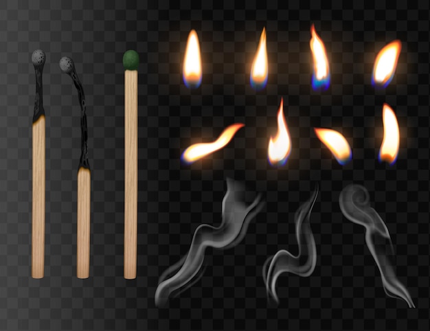 Бесплатное векторное изображение Матчевые палочки набор реалистичных иконок на прозрачном фоне с изолированными изображениями мертвых и огненных векторных иллюстраций