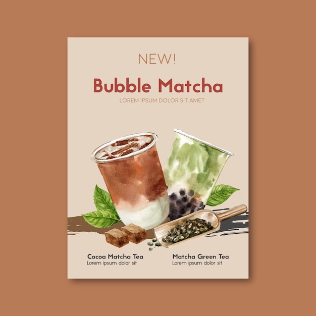 Vettore gratuito set da tè al latte bolla matcha e zucchero di canna, annuncio poster, modello flyer, illustrazione dell'acquerello