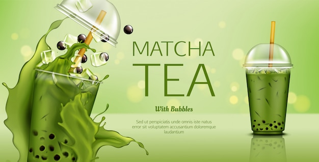 Matcha green tea with bubbles and ice cubes 