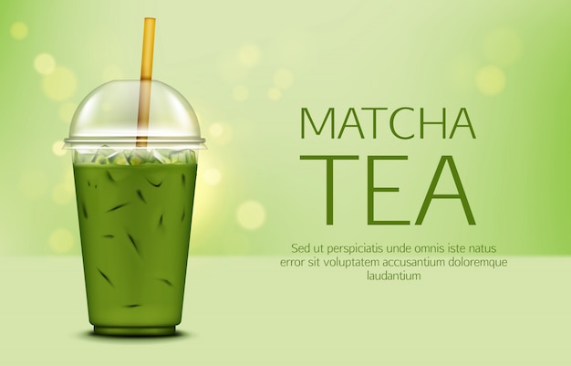 Matcha green tea with ice cubes in takeaway cup