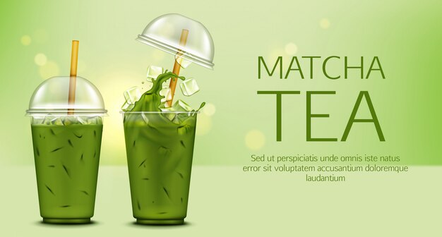Matcha green tea with ice cubes in takeaway cup