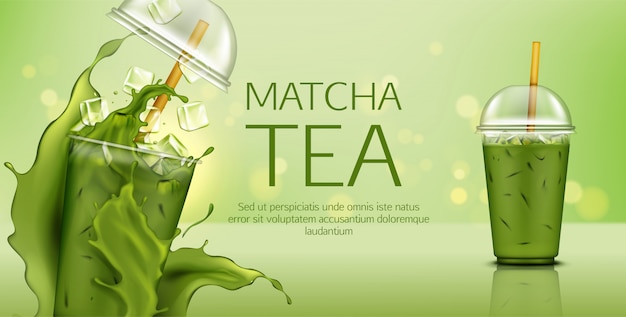 Tè verde matcha con cubetti di ghiaccio in tazza da asporto