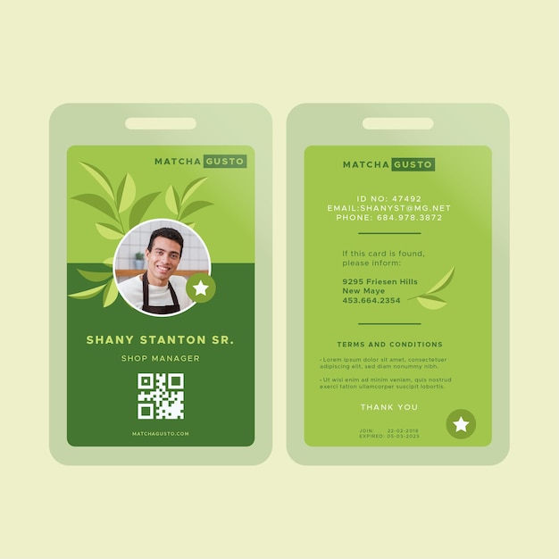 Vettore gratuito modello di carta d'identità del tè matcha