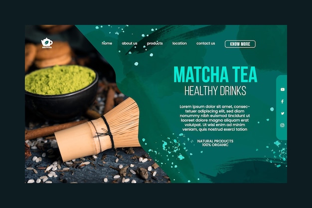 Vettore gratuito modello di pagina di destinazione del tè matcha