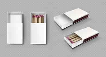 Free vector matches in box, matchsticks with pink sulphur and wooden sticks lying in open case top view and isometric projection isolated on transparent background, realistic 3d vector rendering, mockup set