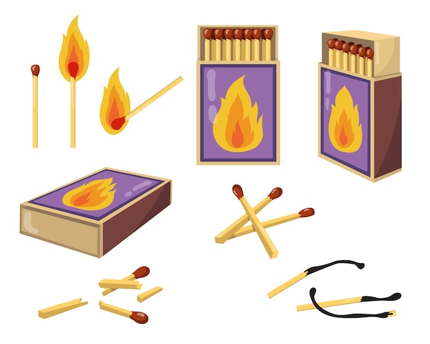 Free vector matches and matchboxes flat illustration set. cartoon burnt matchsticks with fire and opened boxes for wood matches isolated vector illustration collection. heat and design concept