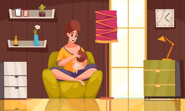 Free vector maternity cartoon concept with mom breast feeding the child at home vector illustration