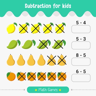 Math children game subtraction for kids educational worksheet