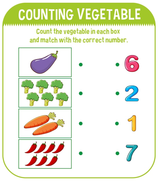 Vettore gratuito modello di gioco di matematica con conteggio delle verdure