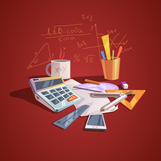 Free vector math science concept with school lesson items in retro cartoon style