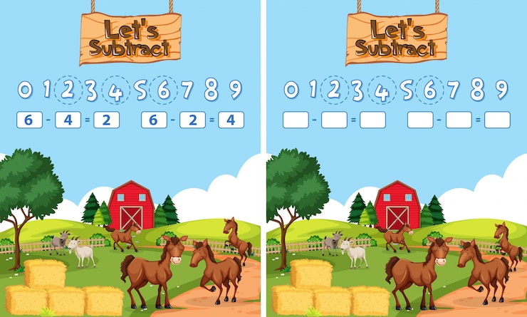 Free Vector math subtraction worksheet farm theme