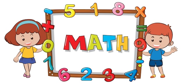 Vettore gratuito parola di matematica a bordo con i bambini dei cartoni animati