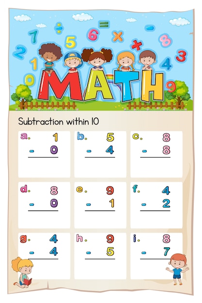 Free vector math worksheet for subtraction within ten