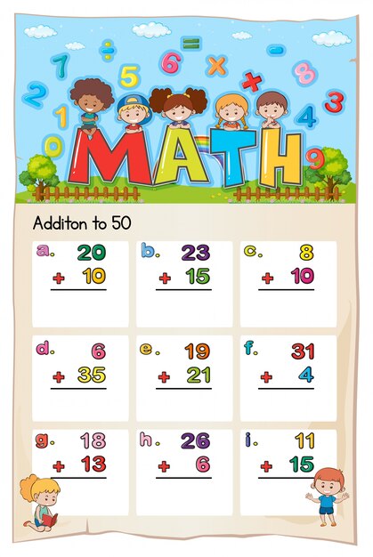 Math worksheet template for addition to fifty