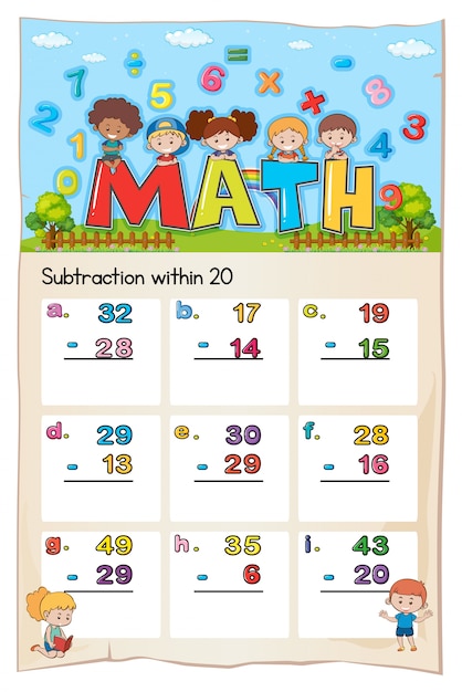 Free vector math worksheet template for subtraction within twenty