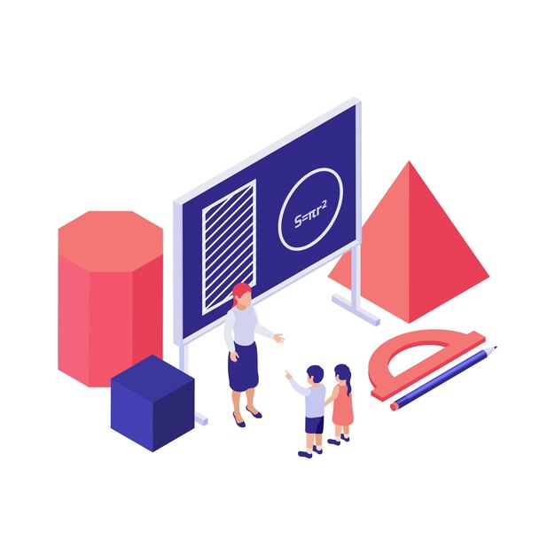 Maths education isometric concept with 3d shapes illustration