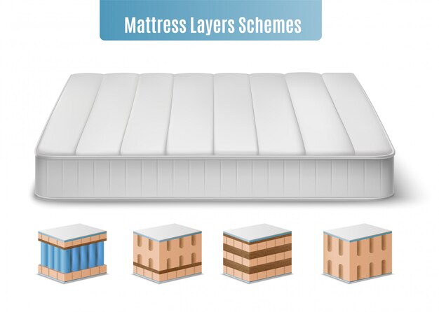 mattress layers composition with realistic images of mattress and colourful cubic form pieces of bat stuffing illustration