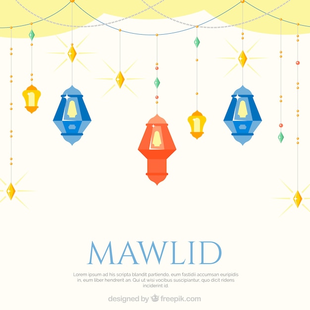 Mawlid background with lanterns in flat design