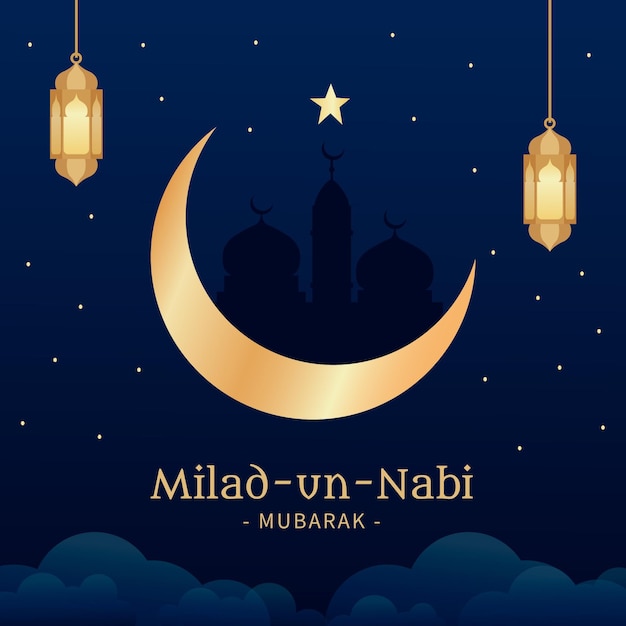 Mawlid milad-un-nabi greeting background with lanterns and moon