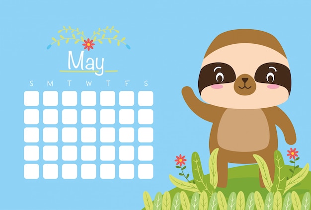 Vettore gratuito calendario di maggio con simpatici animali su blu, stile piatto