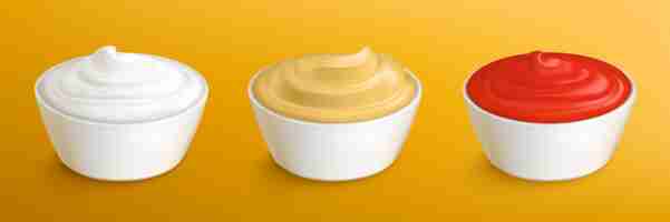 Free vector mayonnaise, mustard sauce and ketchup in bowls